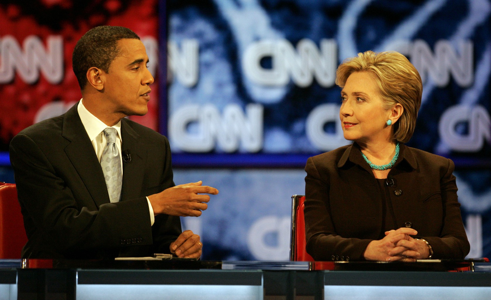 Senator Barack Obama and Senator Hillary Clinton participate in the Los Angeles Democratic Presiden