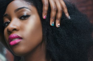 Portrait of rouged woman, close-up