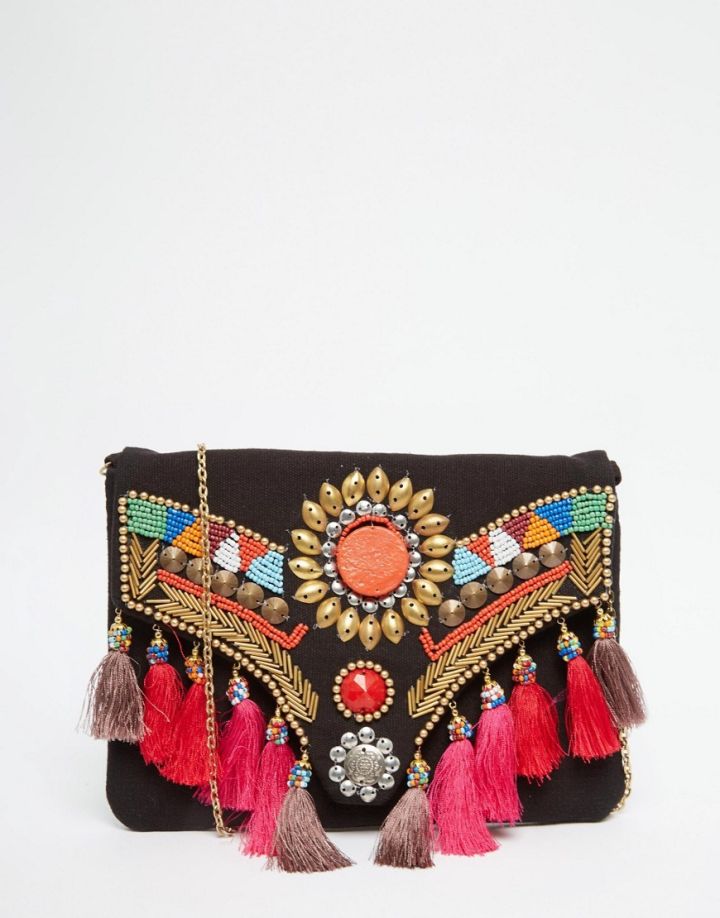 ASOS Glamorous Foldover Clutch Bag With Tassels & Beading