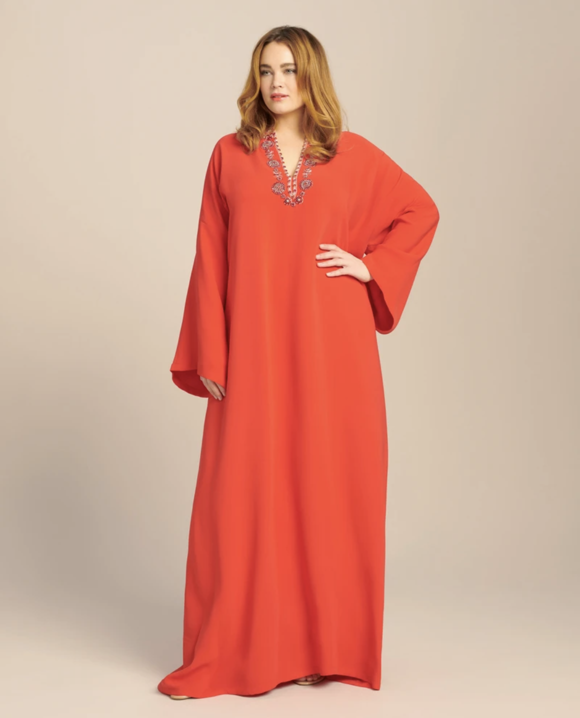Carolina Herrera Drop Sleeve Embellished Keyhole Caftan