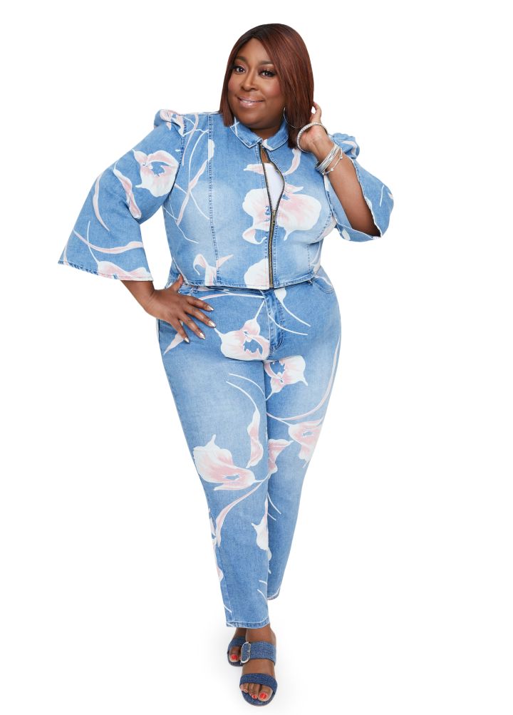 FLORAL BELL SLEEVE DENIM JACKET ($49.50), FLORAL FIVE POCKET SKINNY JEAN ($59.50)