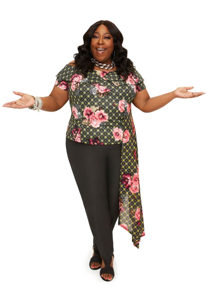 FLORAL OFF THE SHOULDER TOP ($49.50), BLACK PULL ON SKINNY STRETCH PANT ($44.50)