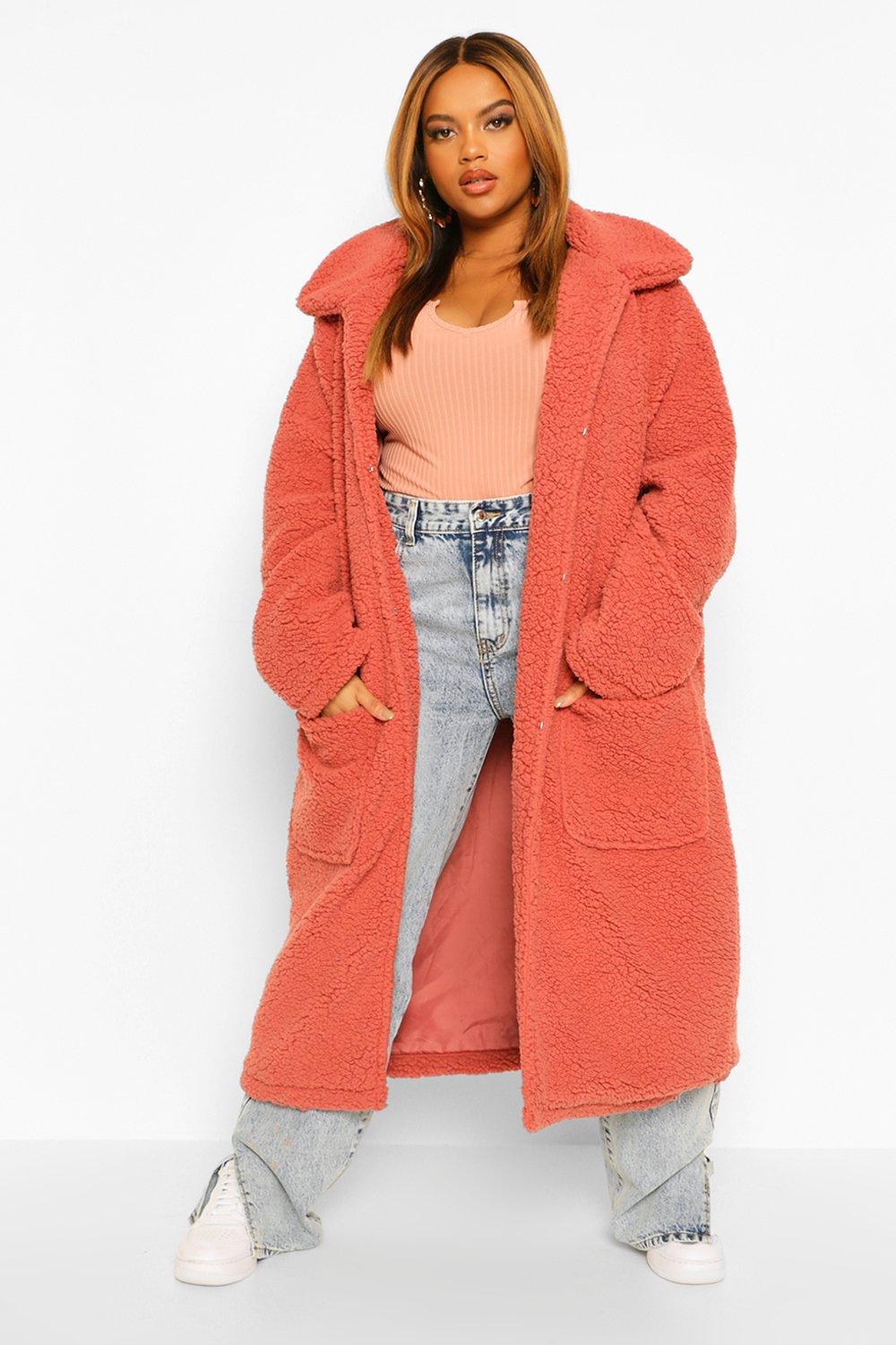 Boohoo Plus Faux Teddy Fur Maxi Length Coat