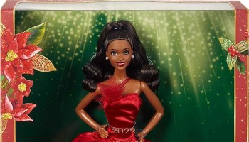Barbie Signature 2022 Holiday Barbie Doll (Dark-Brown Wavy Hair) with Doll Stand, Collectible Gift for Kids