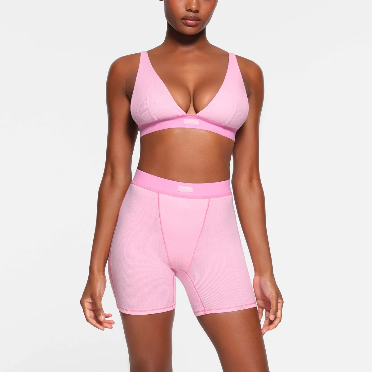 SKIMS Cotton Rib Boxer and Cotton Rib Tank in bubble gum pink
