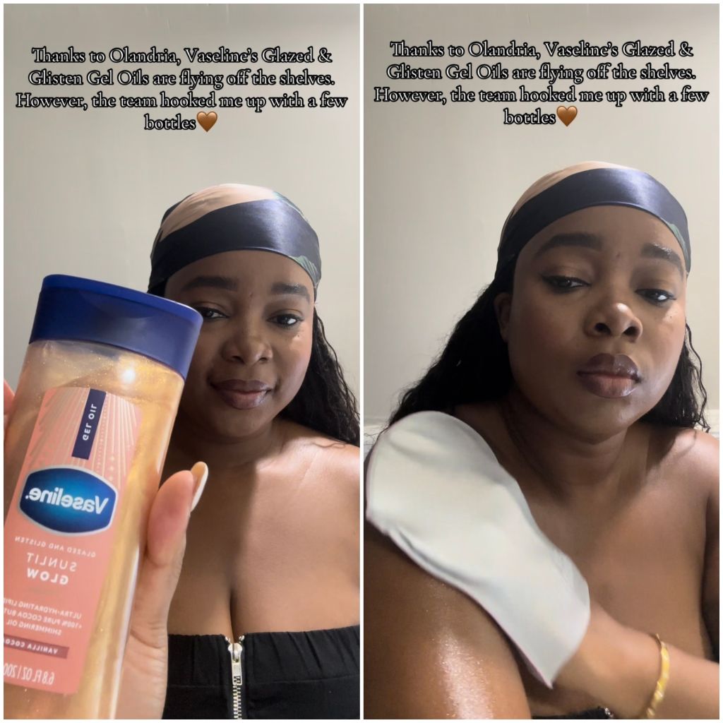 Tatayana Yomary testing Vaseline's Glazed and Glisten Shimmer Gel Oils