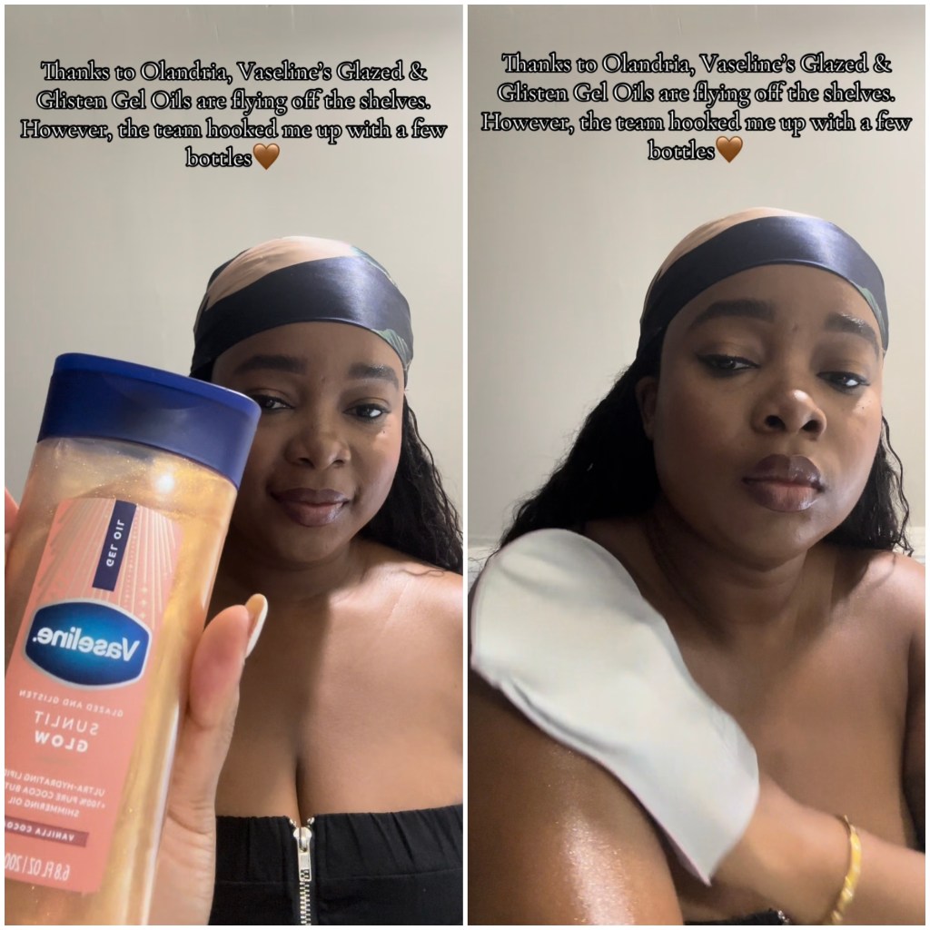 Tatayana Yomary testing Vaseline's Glazed and Glisten Shimmer Gel Oils